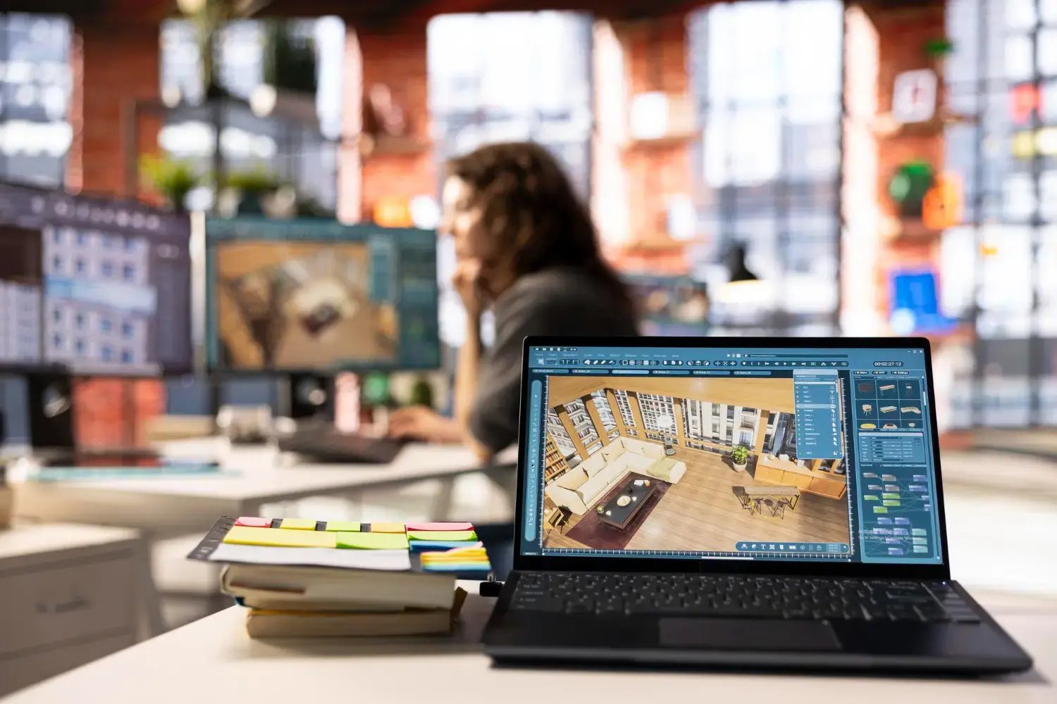 Woman-uses-architectural-software-on-her-pc-to-create-a-detailed-3d-render
