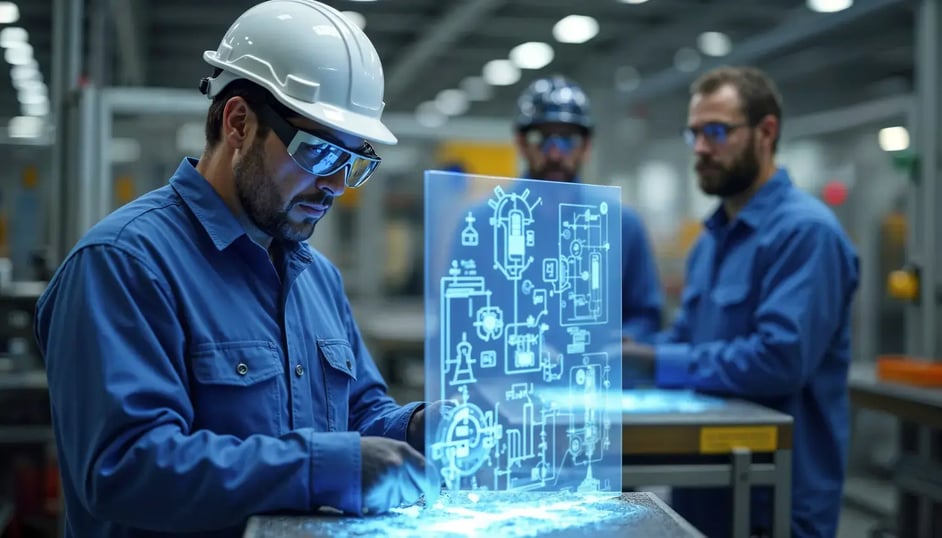 A-man-wearing-a-white-hard-hat-working-on-a-tablet-with-a-hologram-for-IT-services-for-Manufacturing-solutions