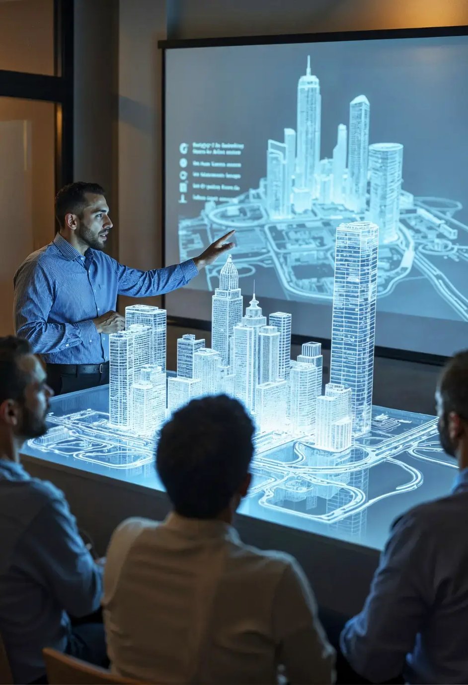 The-architects-discussing-about-the-design-with-a-holographic-buildings-using-IT-Support-for-architects